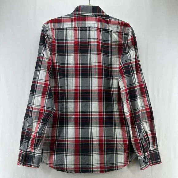 Express Shirt Mens M 15-15.5 Fitted Plaid Button Up Long Sleeve Cotton Red Gray - Picture 2 of 11